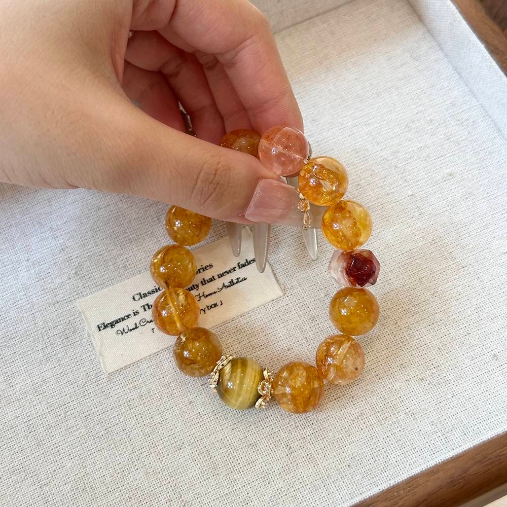 Yellow Rutile Quartz and Red Flower Agate Bracelet - Image 4