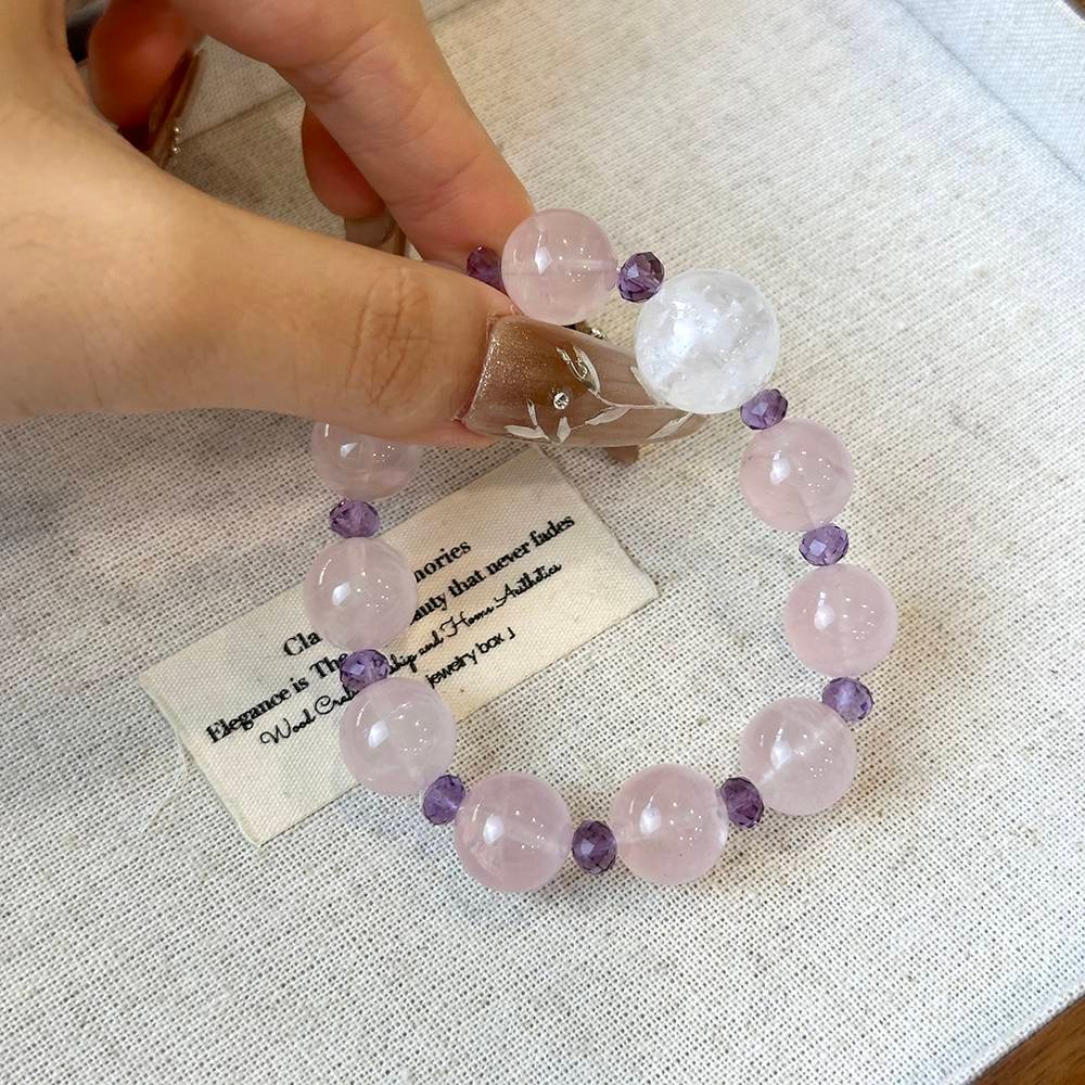 Rose Quartz & White Phantom Quartz Beaded Bracelet - Image 2