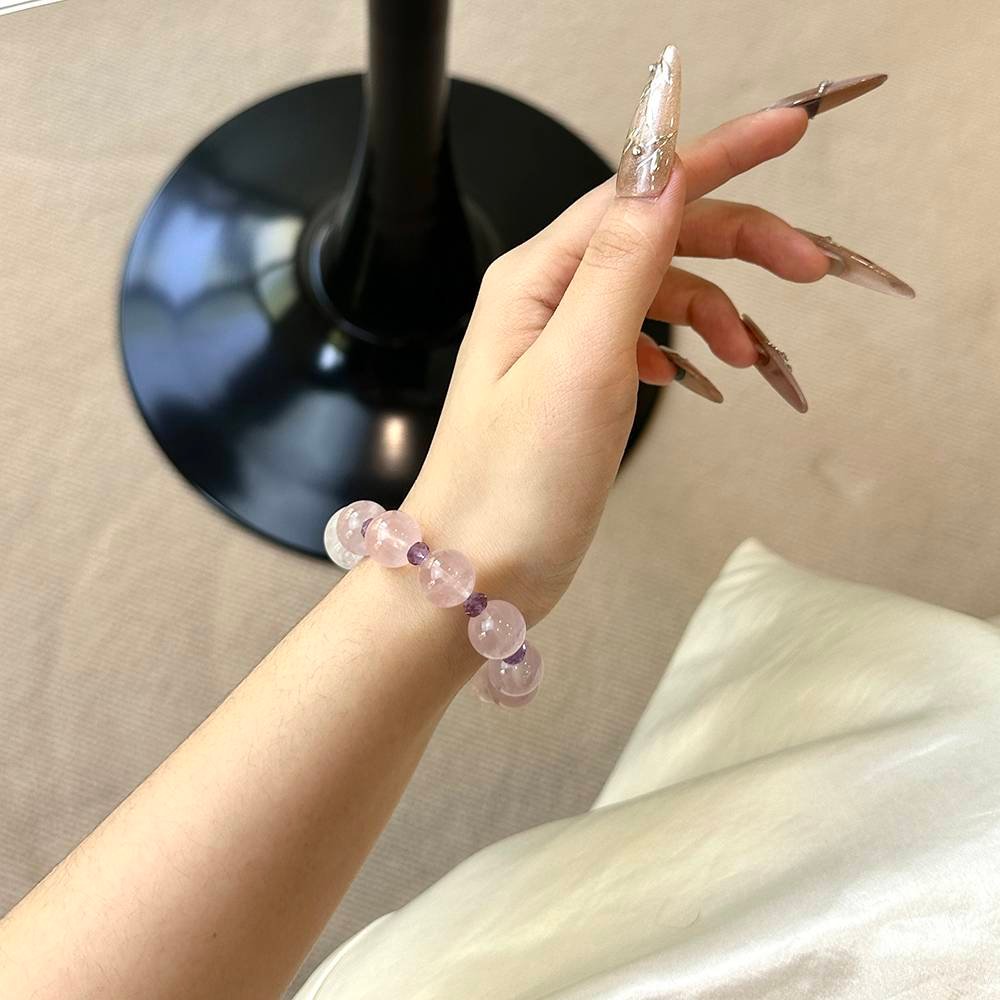 Rose Quartz & White Phantom Quartz Beaded Bracelet - Image 3
