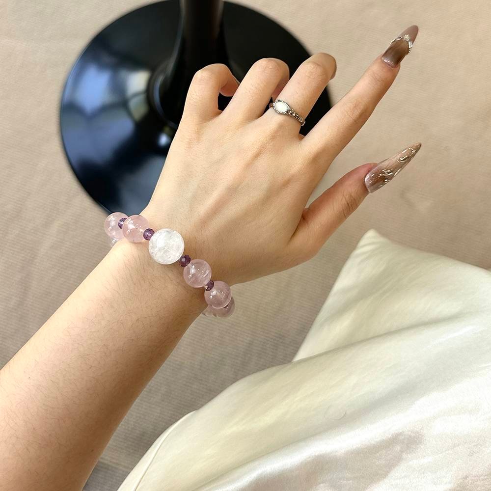 Rose Quartz & White Phantom Quartz Beaded Bracelet - Image 5
